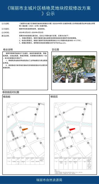 瑞丽市主城区杨艳灵地块控规修改方案公示